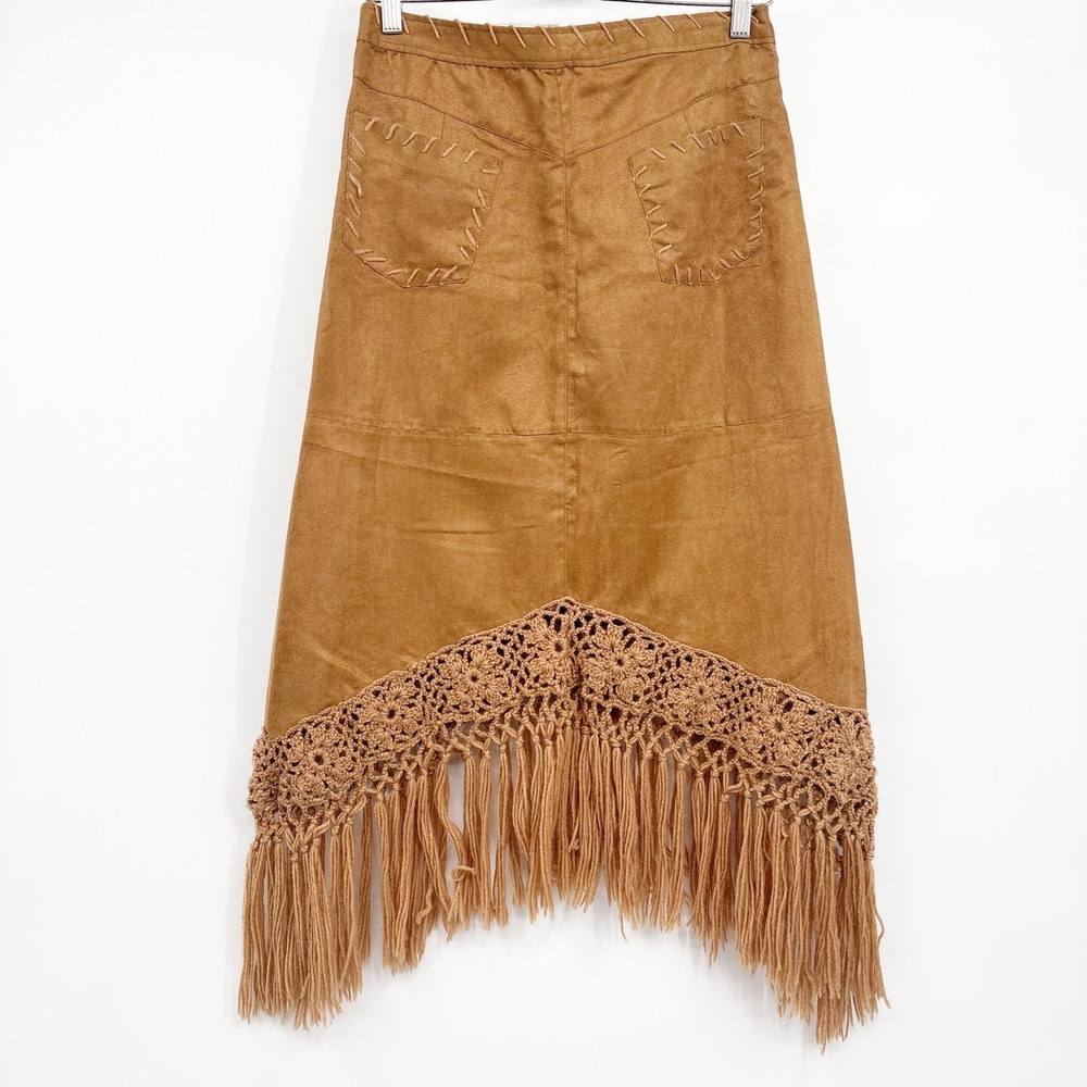 SHOMI Australia Womens Boho Western Vintage Suede Fringe Crochet Midi Skirt 10 - Picture 8 of 8